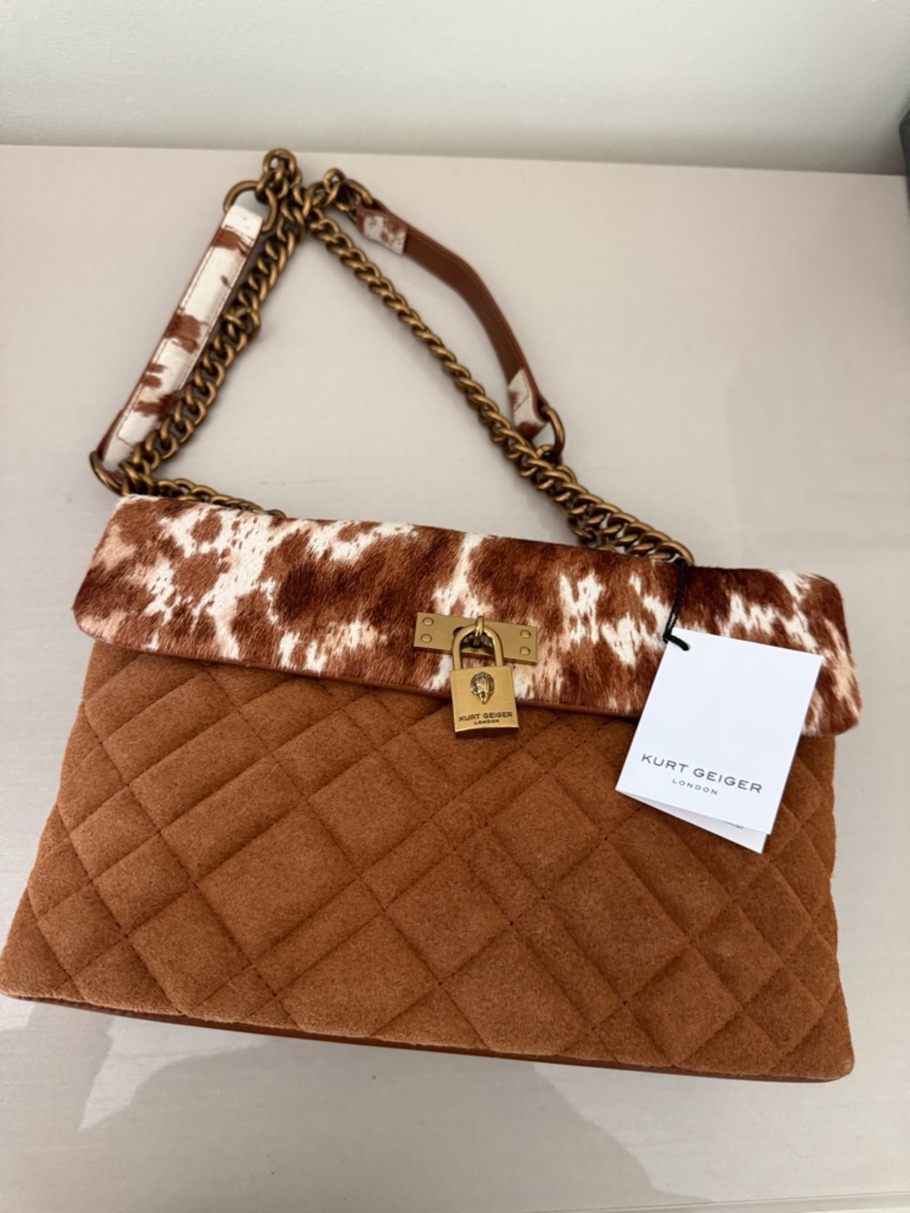 Kurt Geiger Tan Quilted Shoulder Bag with Cowhide-Print Flap